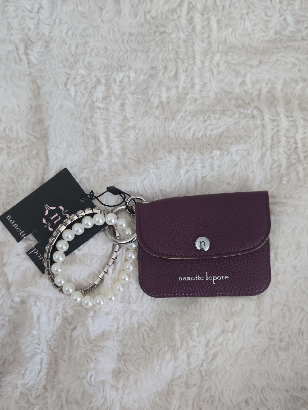 Nanette Lepore Plum Leather Key & Card Holder with Pearl Bracelet Accent